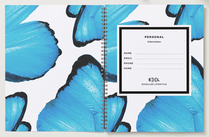 Planner with blue butterfly design with a personal information page.